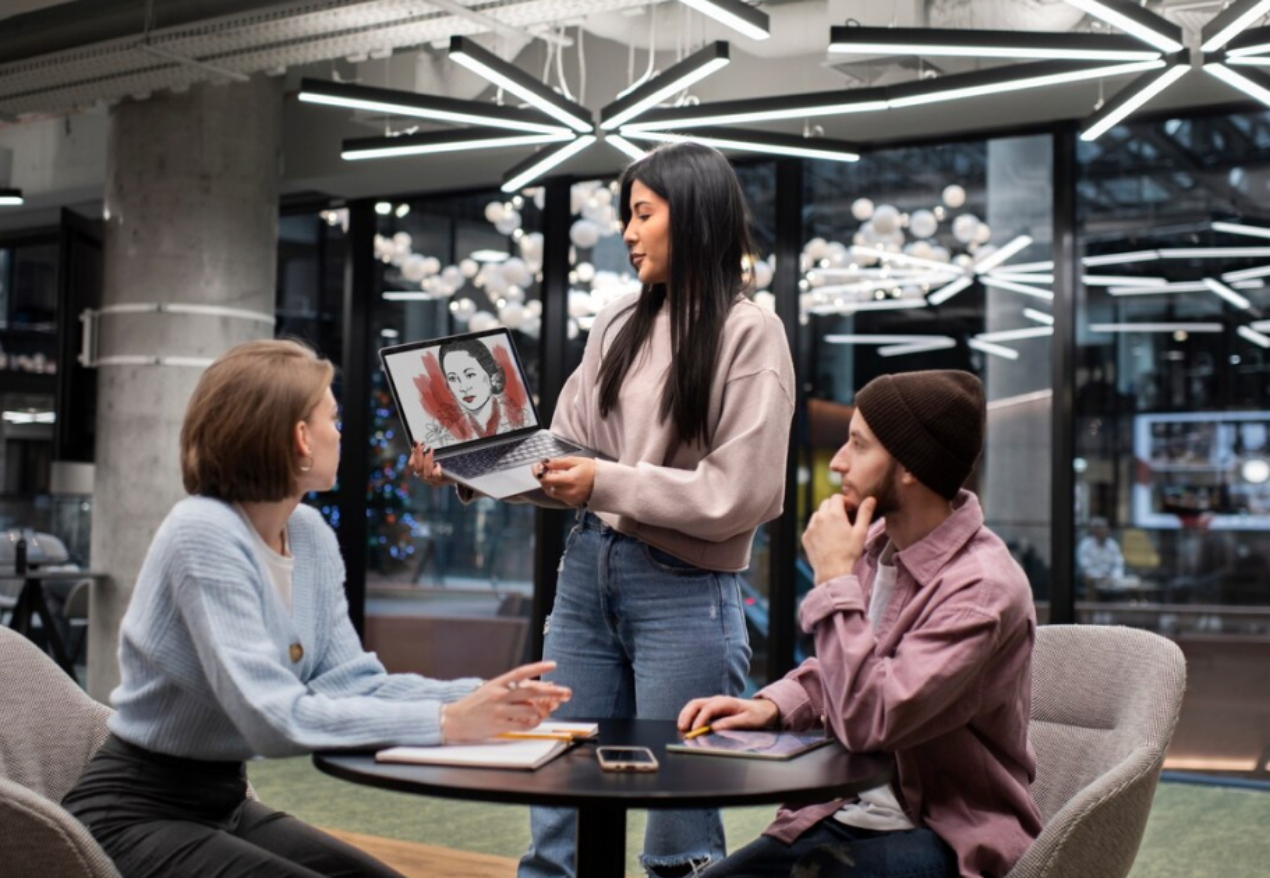 Three colleagues in a modern office discussing a graphic design on a laptop screen, featuring a stylized portrait of a woman in red and black.