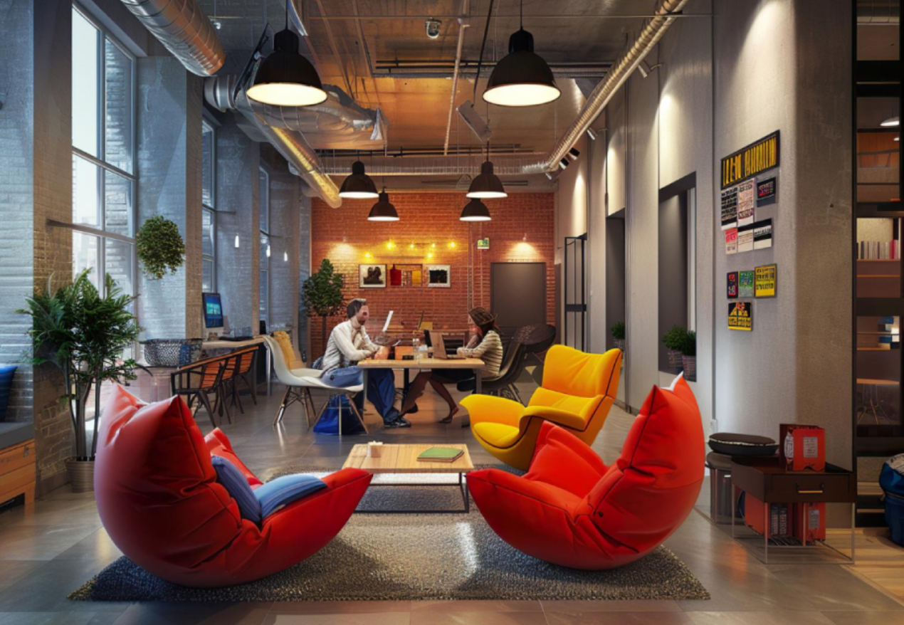 Modern co-working space with comfortable seating, exposed brick walls, and large windows.