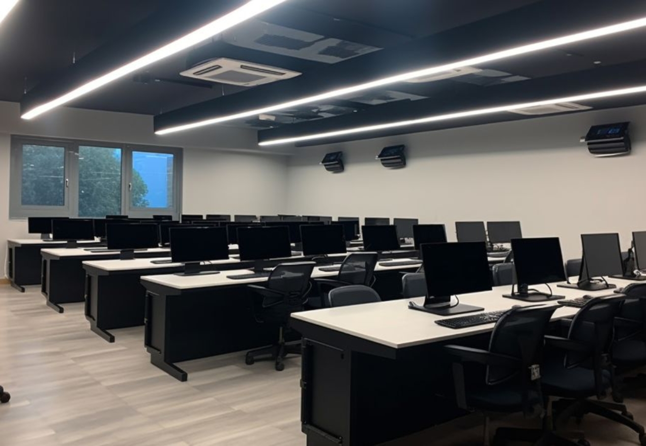 Modern computer-equipped training room in Hyderabad with ergonomic chairs and spacious workstations.