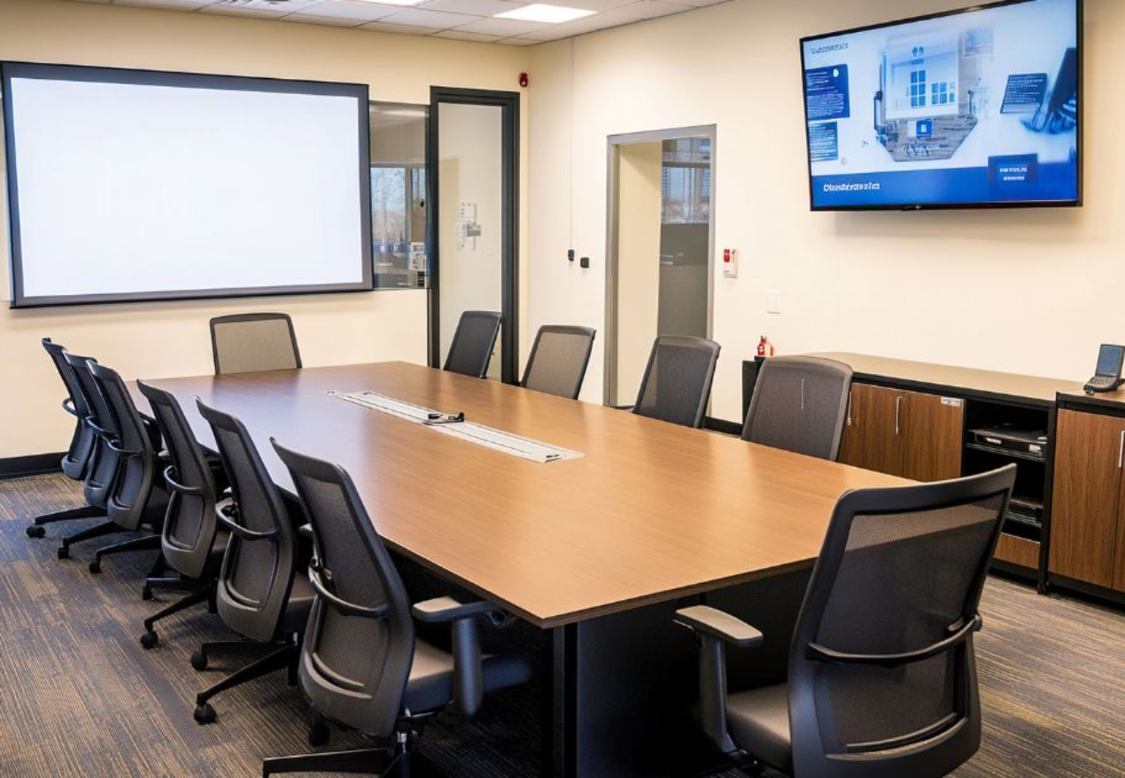 Modern conference room in Hyderabad with a sleek wooden table, cushioned black chairs, and a mounted television screen on a blue and white accent wall.